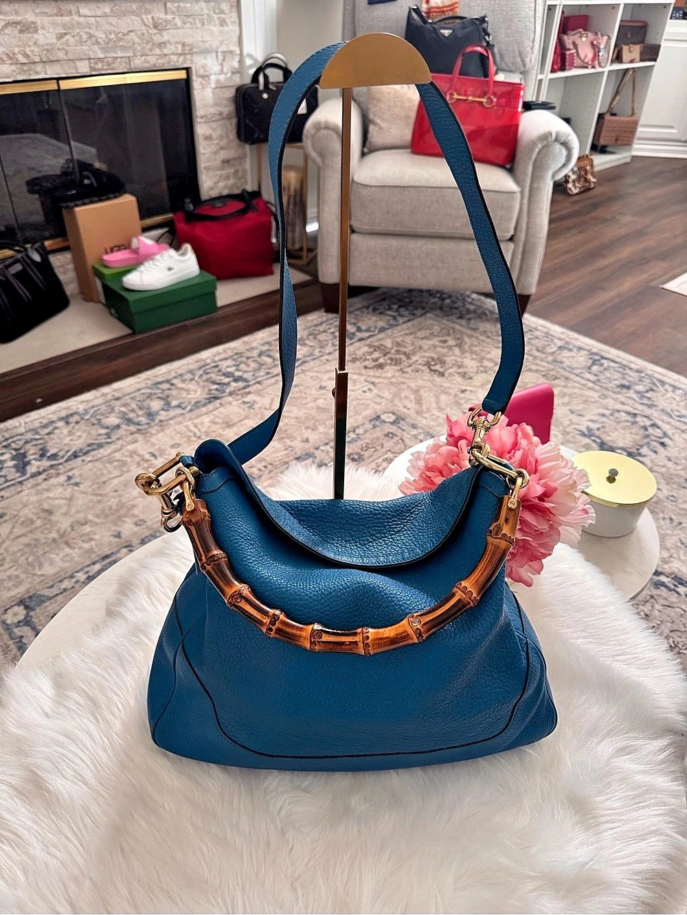 Gucci Bamboo Handle Hobo Bag Shoulder Bag Blue - Picture 5 of 16